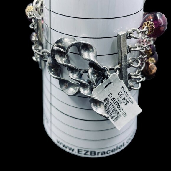 Chicos Multi Strand Beaded Charm Bracelet Purple Gold Silver Boho Statement - Picture 4 of 9